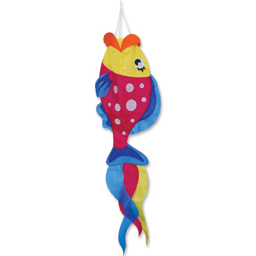Polka Dot Parrot Fish Windsock displayed outdoors, showcasing its colorful polka dot design and vibrant 3D shape in a breezy setting.