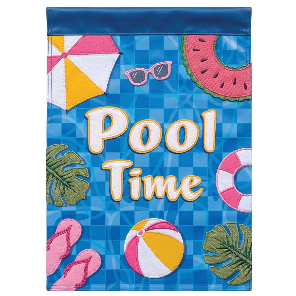 Pool Time Garden Flag featuring a vibrant double-sided design showcasing summer pool themes, displayed outdoors in a garden setting.