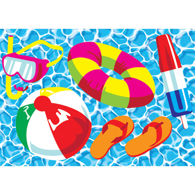 Colorful Pool Time windsock with embroidered beach toys, flip flops, and a popsicle, fluttering in the breeze from an outdoor hook.