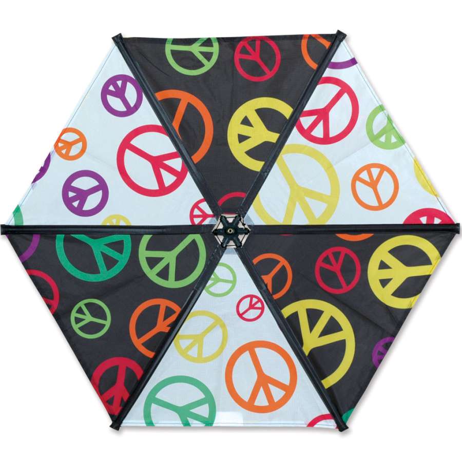 Popper - Peace kite designed by Peter Rondeau soaring in the sky with vibrant colors and line-climbing action, showcased against a clear blue background.