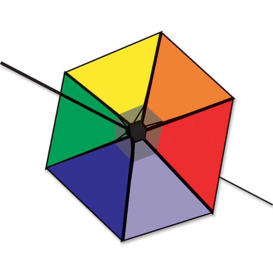 Rainbow Popper kite accessory climbing up and down a colorful kite line against a clear blue sky, showing vibrant multi-color patterns.