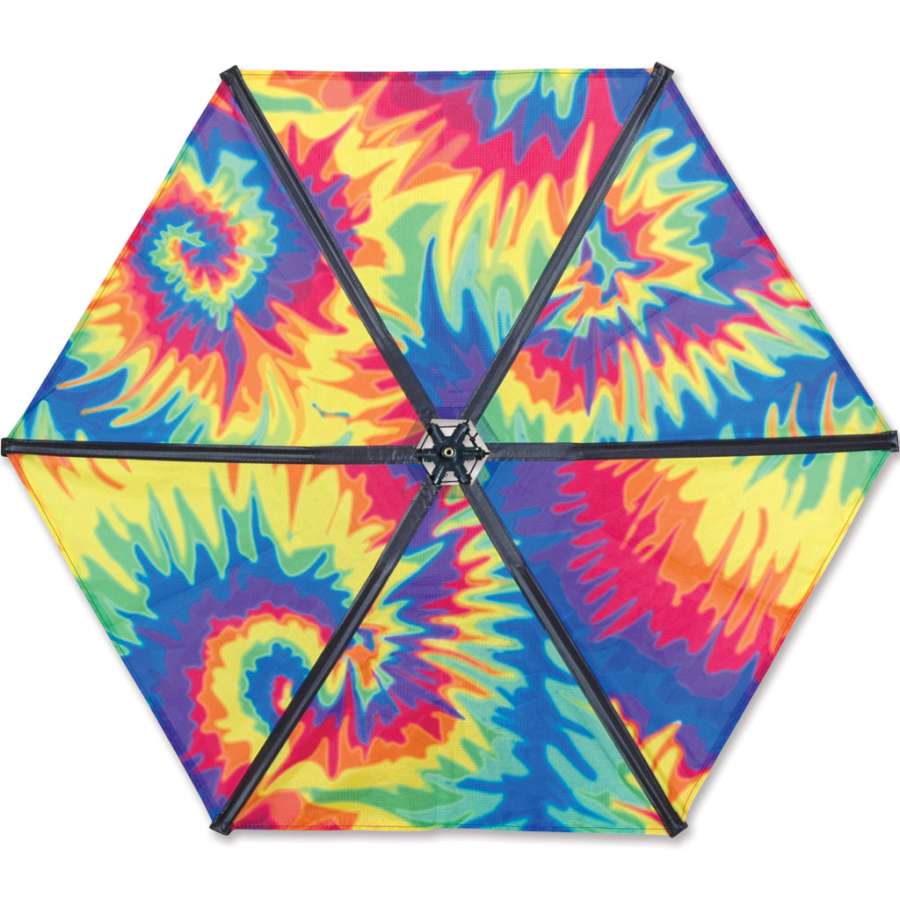 Popper - Tye Dye kite accessory featuring a vibrant tie-dye design, climbing and descending a colorful kite line in a blue sky.