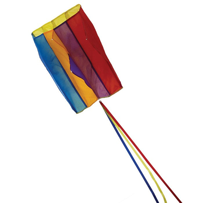 Pouch Parafoil Kite flying majestically in a partly cloudy sky, featuring vibrant rainbow colors and a streamlined design for easy flight.
