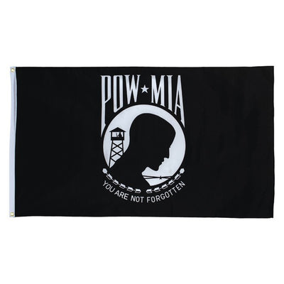 POW/MIA 3x5 Grommet Flag displayed on a flag pole outdoors, showcasing the vibrant design dedicated to honoring military service members.
