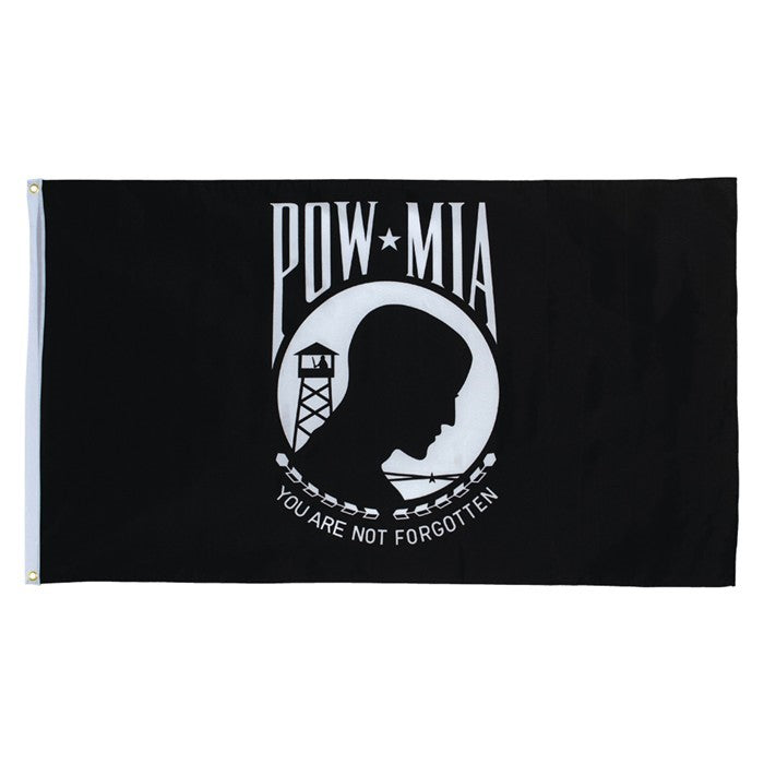 POW/MIA 3x5 Grommet Flag displayed on a flag pole outdoors, showcasing the vibrant design dedicated to honoring military service members.