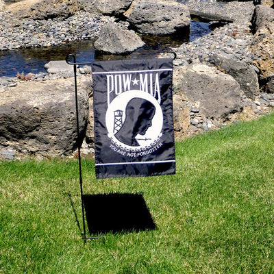 The POW/MIA Garden Flag features a striking "You Are Not Forgotten" motto with detailed applique and respect for military service - shown in vibrant colors.
