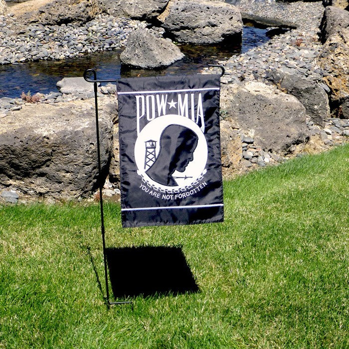 The POW/MIA Garden Flag features a striking "You Are Not Forgotten" motto with detailed applique and respect for military service - shown in vibrant colors.