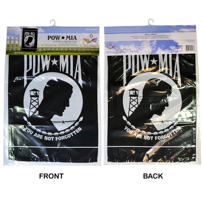POW/MIA Lustre Garden Flag with a vibrant emblem shown displayed outdoors, beautifully illustrating a tribute to military service members.