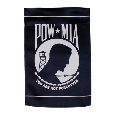 POW/MIA Lustre Garden Flag with a vibrant emblem shown displayed outdoors, beautifully illustrating a tribute to military service members.