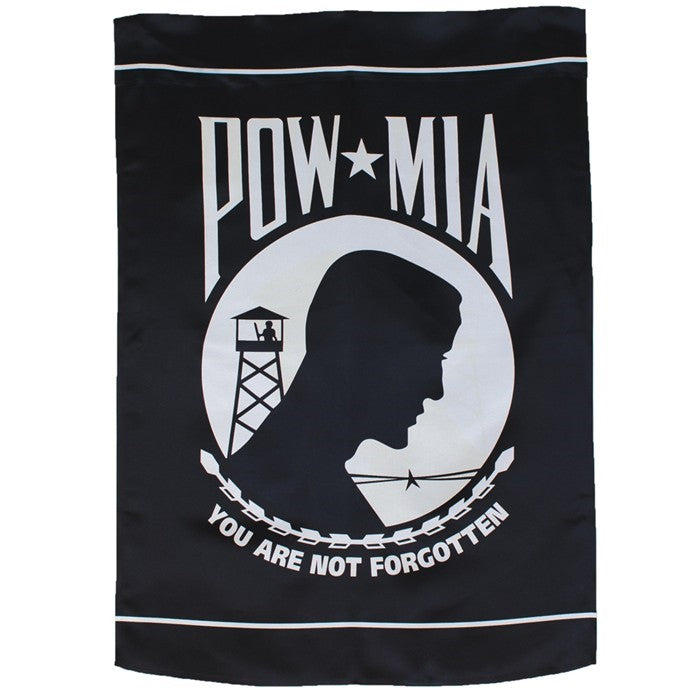 POW/MIA Lustre House Banner displaying patriotic graphics in a residential setting, showcasing elegant design and high-quality material.