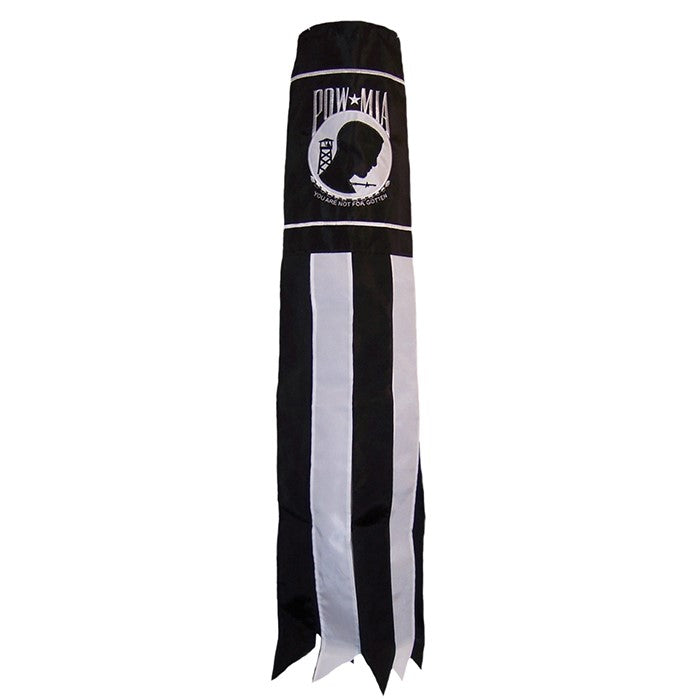 POW/MIA 40-inch windsock featuring detailed applique graphics and colorful tails, flying in the breeze in an outdoor setting.