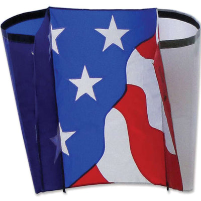 Power Sled 10 kite measuring 36 x 27 inches in a vibrant red, white, and blue design soaring against a clear blue sky.