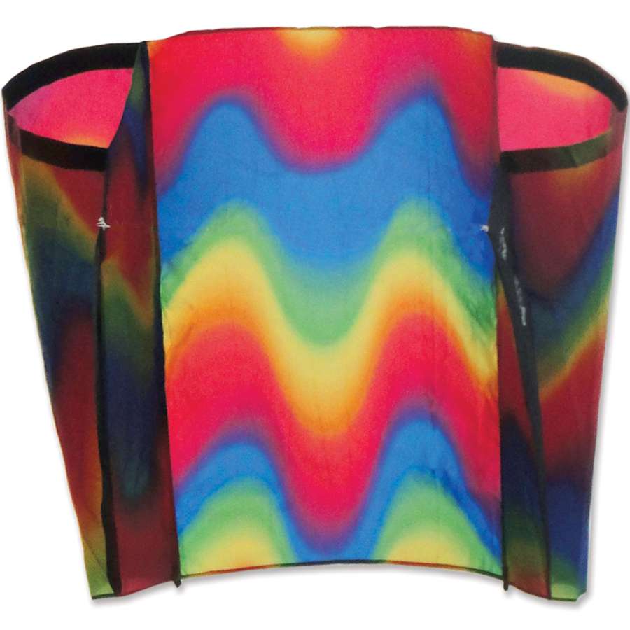 Power Sled 10 Kite featuring a vibrant wavy gradient, measuring 36x27 inches, flying high against a clear blue sky with gentle winds.