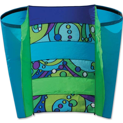 Power Sled 14 kite in Cool Orbit design flying in a clear blue sky, featuring its sleek ram-air design and vibrant colors for high visibility.