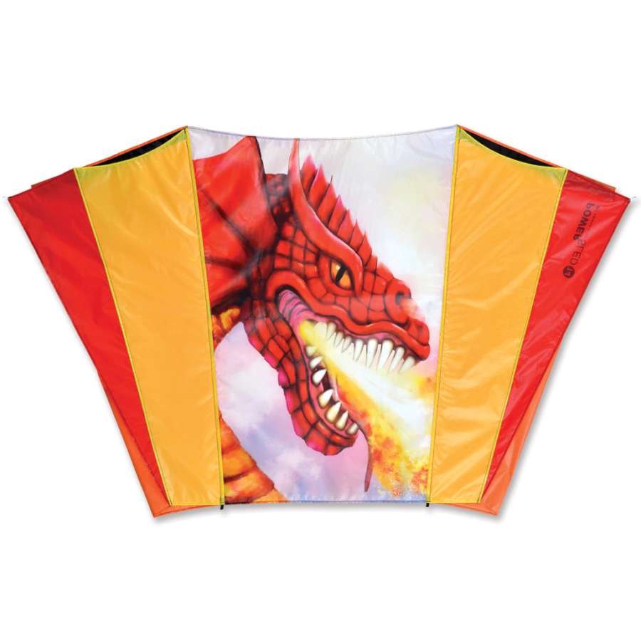 Power Sled 14 Kite - Sun Dragon displayed in the sky, showcasing vibrant dragon design and its large size of 63 x 40 inches against a clear blue backdrop.