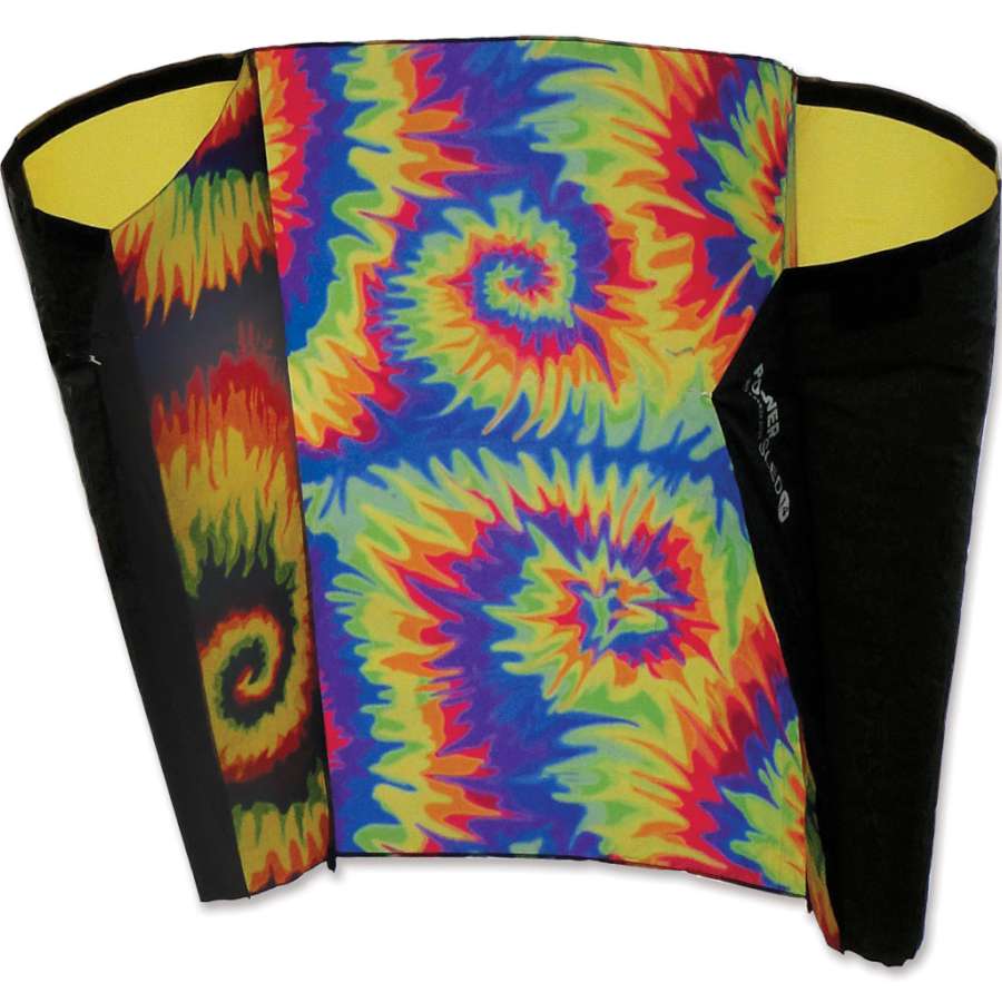 Power Sled 14 Kite in vibrant tie-dye design displayed in the sky, measuring 63 x 40 inches, showcasing its lightweight and colorful features.