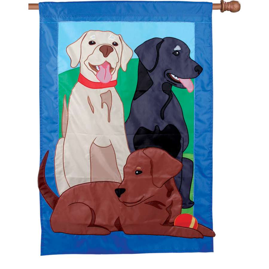 Prestige Flag - Faithful Friends, oversized house flag featuring intricate pet-themed designs displayed on a decorative pole in a garden setting.