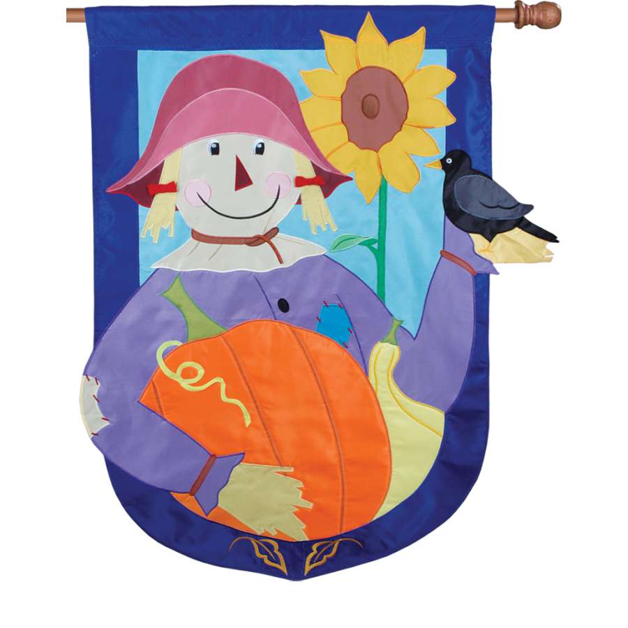 Prestige Flag - Harvest Friends in 3-D design, oversized 36x52 inches, displayed on a flagpole in a vibrant autumn setting.