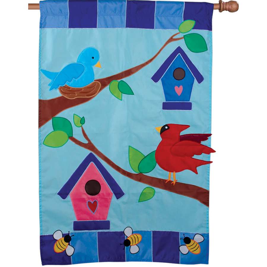 Prestige Flag - Nice to Hang Out displayed on a house flag pole, showcasing intricate 3-D designs in a vibrant outdoor setting.