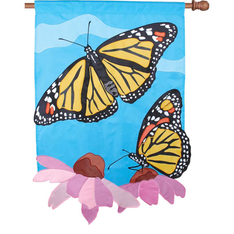 The Prestige Flag - Royal Monarchs is an oversized 36x52 house flag featuring intricate butterfly designs, perfect for outdoor displays and gifting.