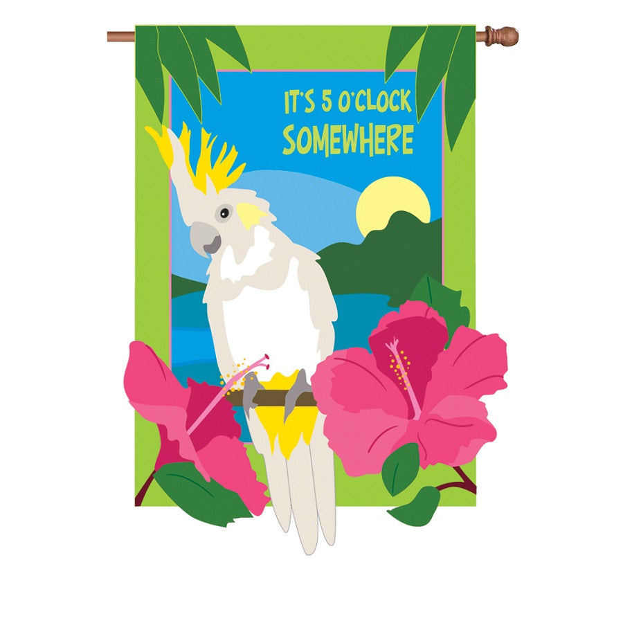 Prestige Flag - Somewhere in Paradise, oversized 36x52 house flag with vibrant 3-D bird designs displayed outdoors on a flagpole.