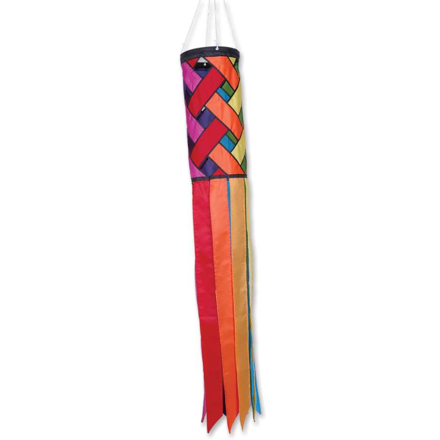 Prestige Windsock - Rainbow Lattice showcases vibrant colors swirling in the wind, hanging gracefully from a porch to highlight outdoor decor.