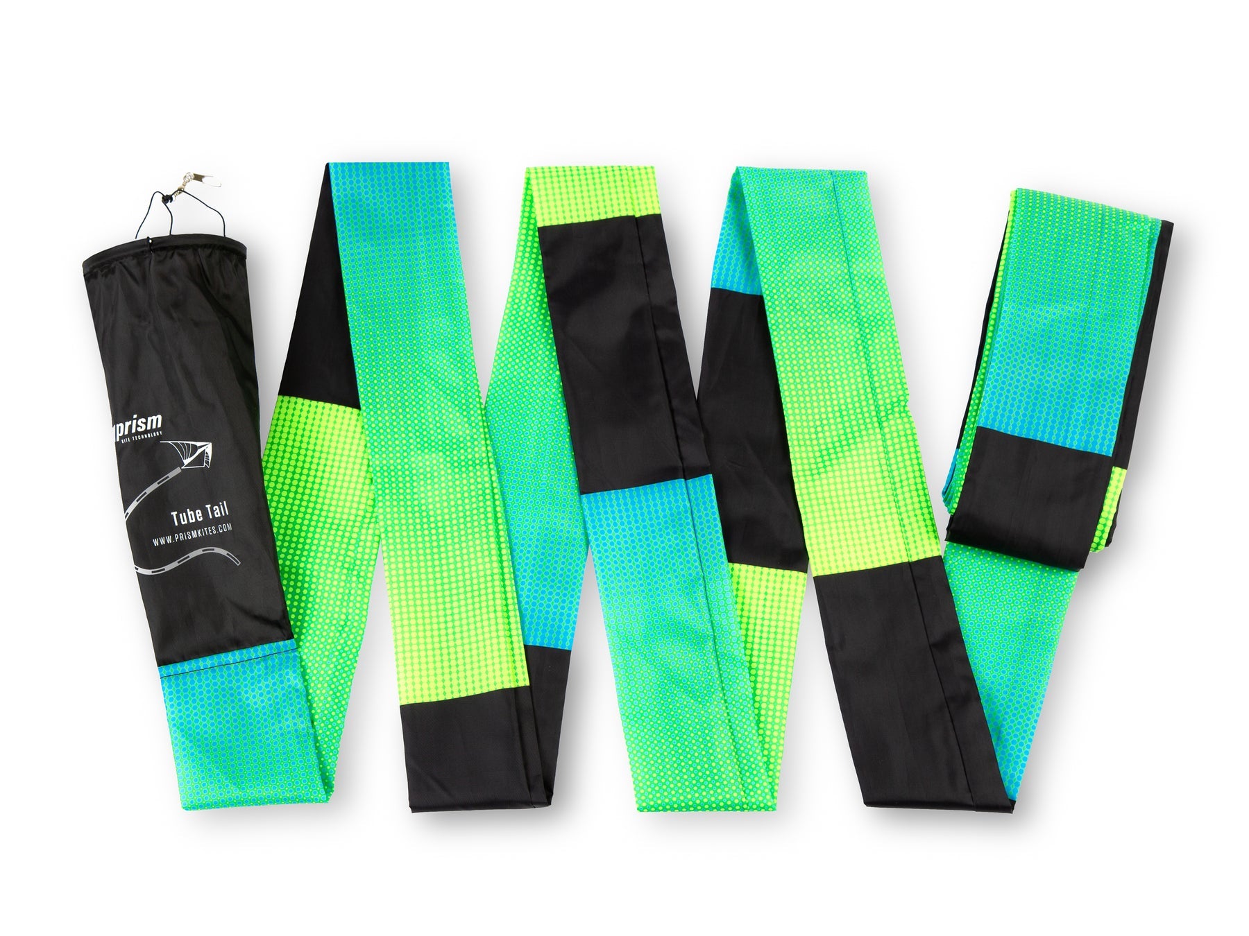 Prism Aurora tube tail with geometric gradient design, inflating tubular construction, and swivel clip for dynamic, flowing kite displays.