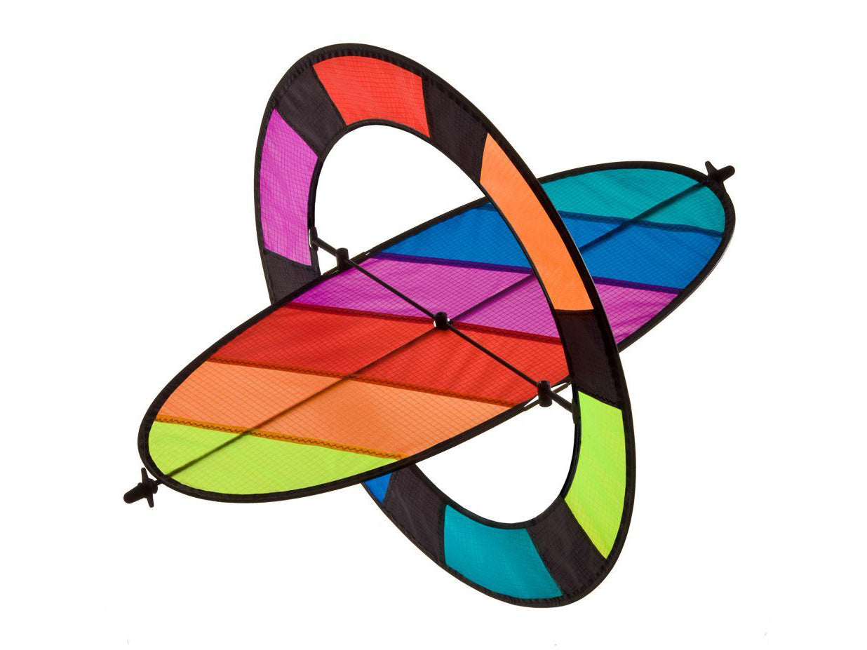 Prism Flip Kite with rotating wing design, Magnus Effect lift, included flying line, and flat-folding construction for easy transport and unique wind-powered motion.