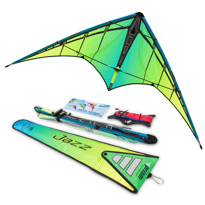 Prism Jazz 2.0 dual-line sport kite flying in open sky with wide wingspan and Electric Aurora Inferno and Plasma colorways visible on the sail