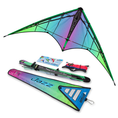Prism Jazz 2.0 dual-line sport kite flying in open sky with wide wingspan and Electric Aurora Inferno and Plasma colorways visible on the sail