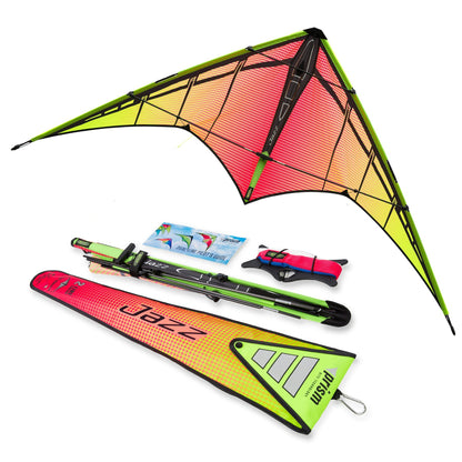Prism Jazz 2.0 dual-line sport kite flying in open sky with wide wingspan and Electric Aurora Inferno and Plasma colorways visible on the sail