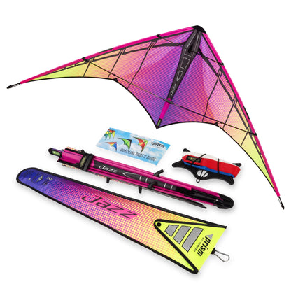 Prism Jazz 2.0 dual-line sport kite flying in open sky with wide wingspan and Electric Aurora Inferno and Plasma colorways visible on the sail