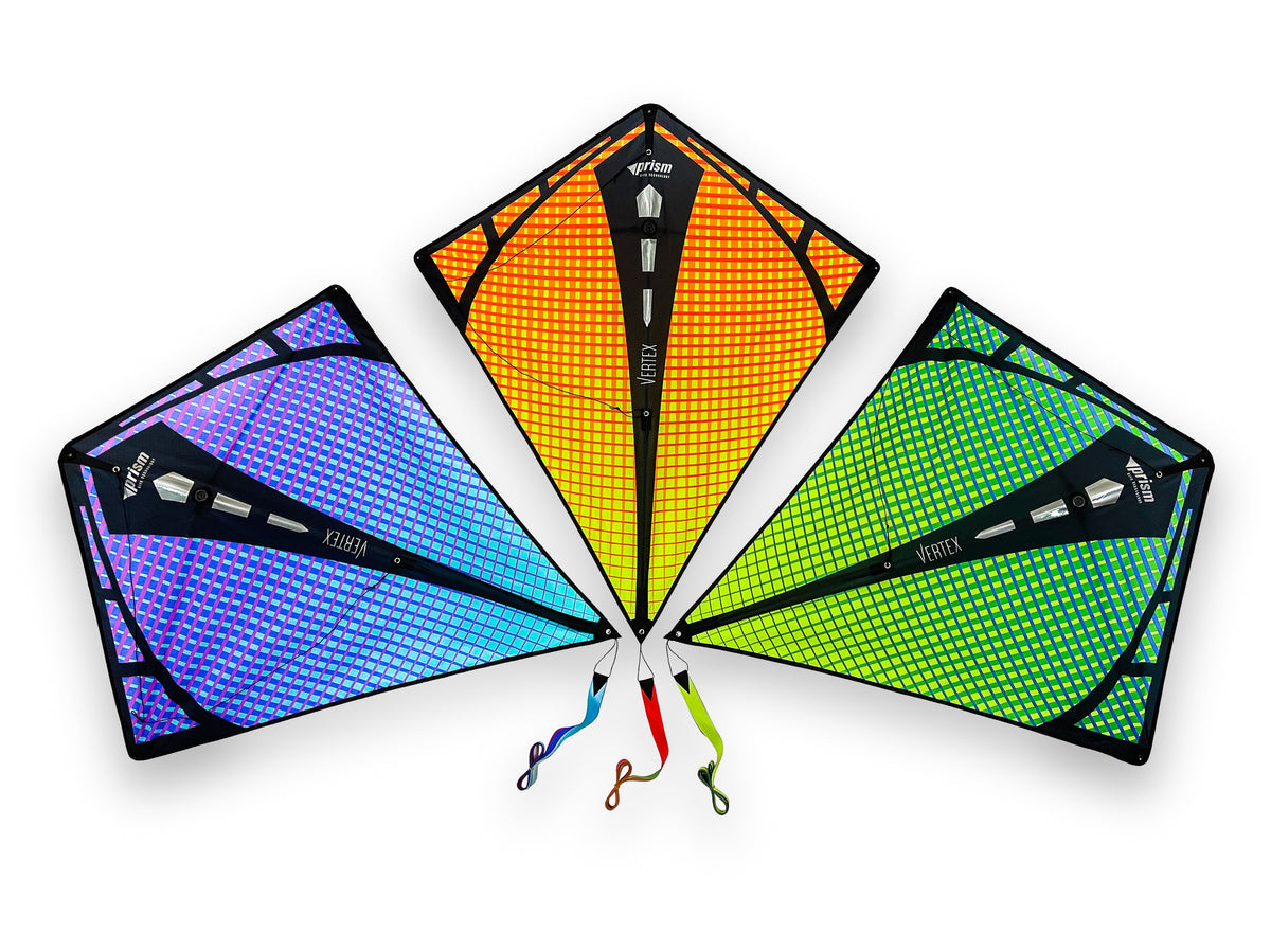 Prism Vertex diamond kites in Ultraviolet, Infrared, and Aurora colorways