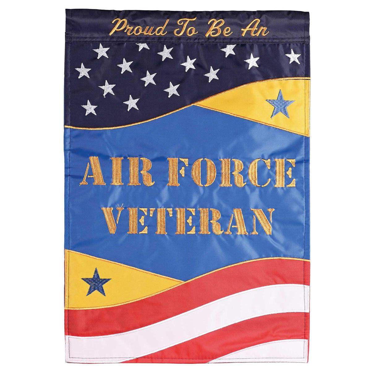 Proud Air Force Veteran Garden Flag, measuring 13x18 inches, featuring appliques and embroidery in an outdoor garden setting.