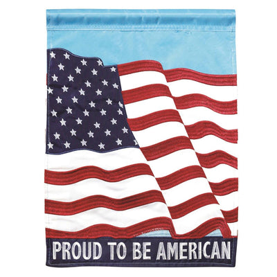 Proud To Be American 13x18 garden flag with bold design and message, crafted from weatherproof polyester for lasting outdoor display.