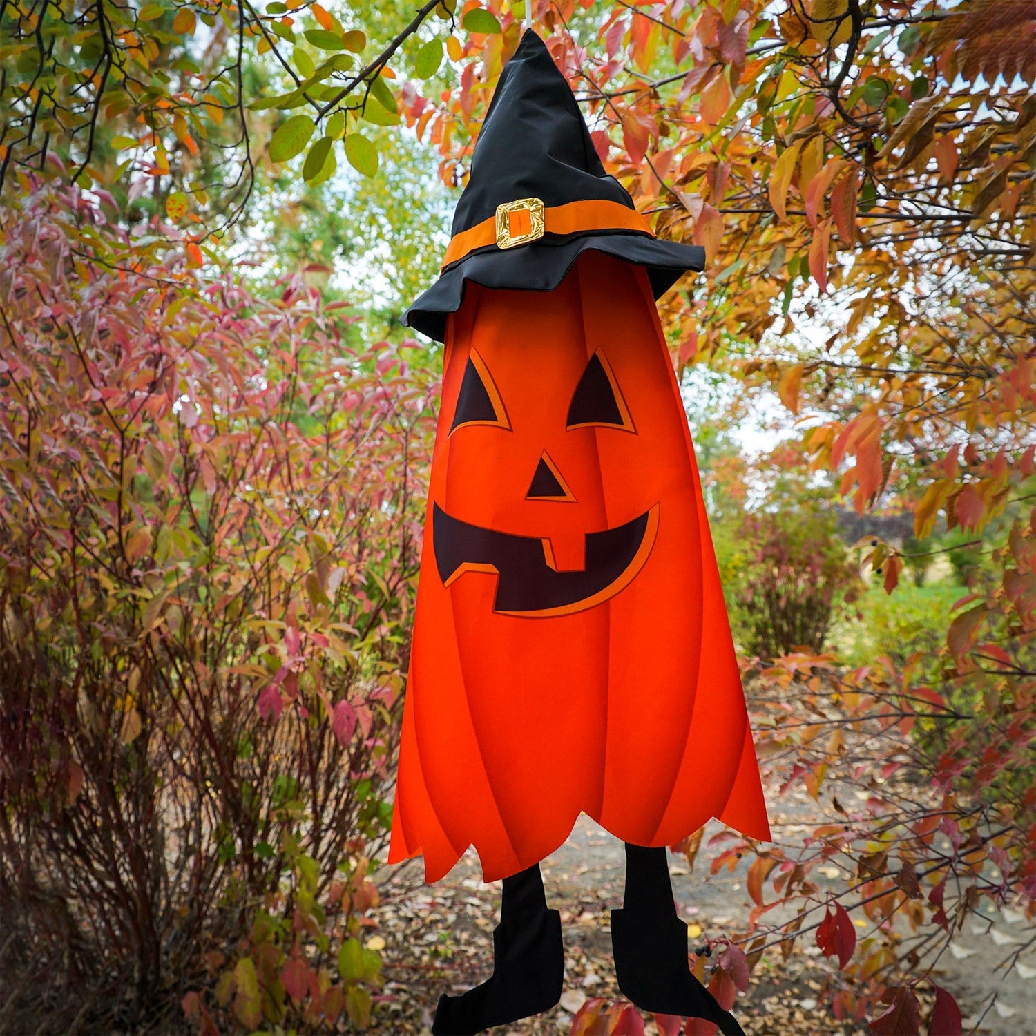 Pumpkin 3D Cone Windsock featuring bright orange design, whimsical hat, and double-sided display hanging outdoors, perfect for Halloween.