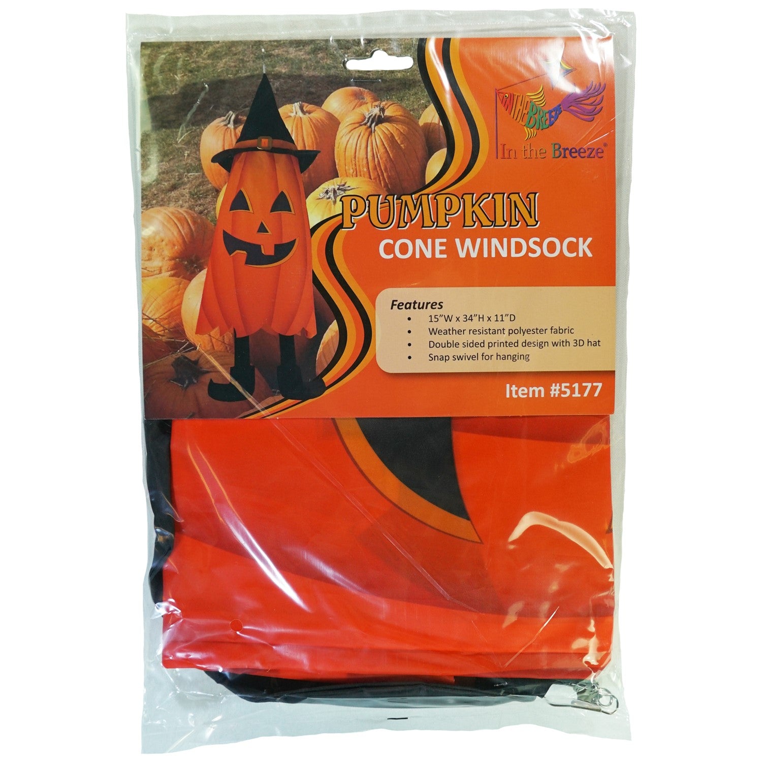 Pumpkin 3D Cone Windsock featuring bright orange design, whimsical hat, and double-sided display hanging outdoors, perfect for Halloween.