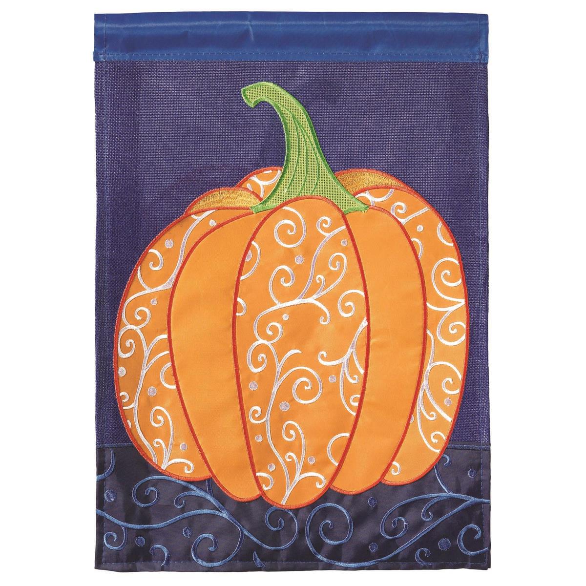 Pumpkin Garden Flag displayed in a grassy yard, featuring rich color details and a dual-sided design that showcases a charming autumn theme.