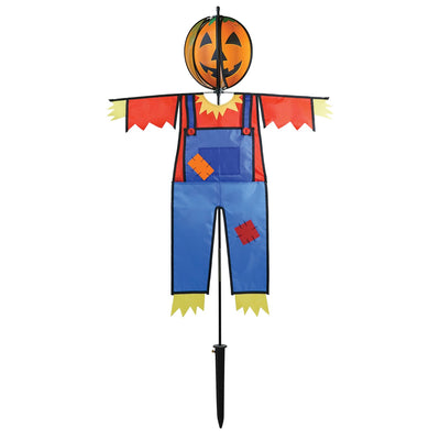 Pumpkin Scarecrow Ground Ball Spinner featuring vibrant pumpkin head and colorful attire, standing tall in a garden setting.