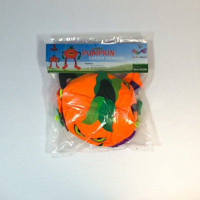 Pumpkin Swingerz 3D garden decoration with a smiling jack-o-lantern swinging beneath a witch's hat, showcasing its fun detailed design.