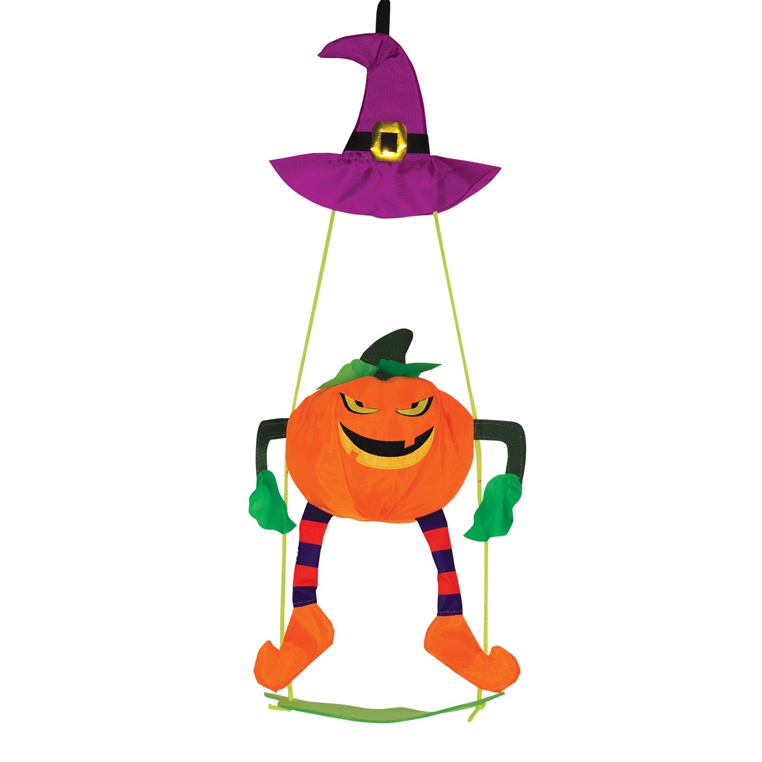 Pumpkin Swingerz 3D garden decoration with a smiling jack-o-lantern swinging beneath a witch's hat, showcasing its fun detailed design.