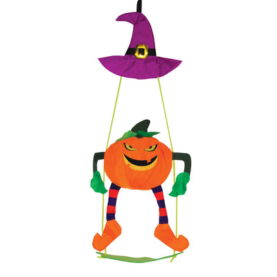 Pumpkin Swingerz 3D garden decoration with a smiling jack-o-lantern swinging beneath a witch's hat, showcasing its fun detailed design.