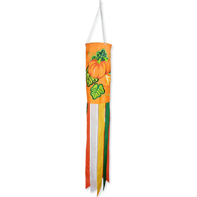 Pumpkin Windsock features embroidered applique pumpkins displayed outdoors, adding a festive autumn touch to the environment.