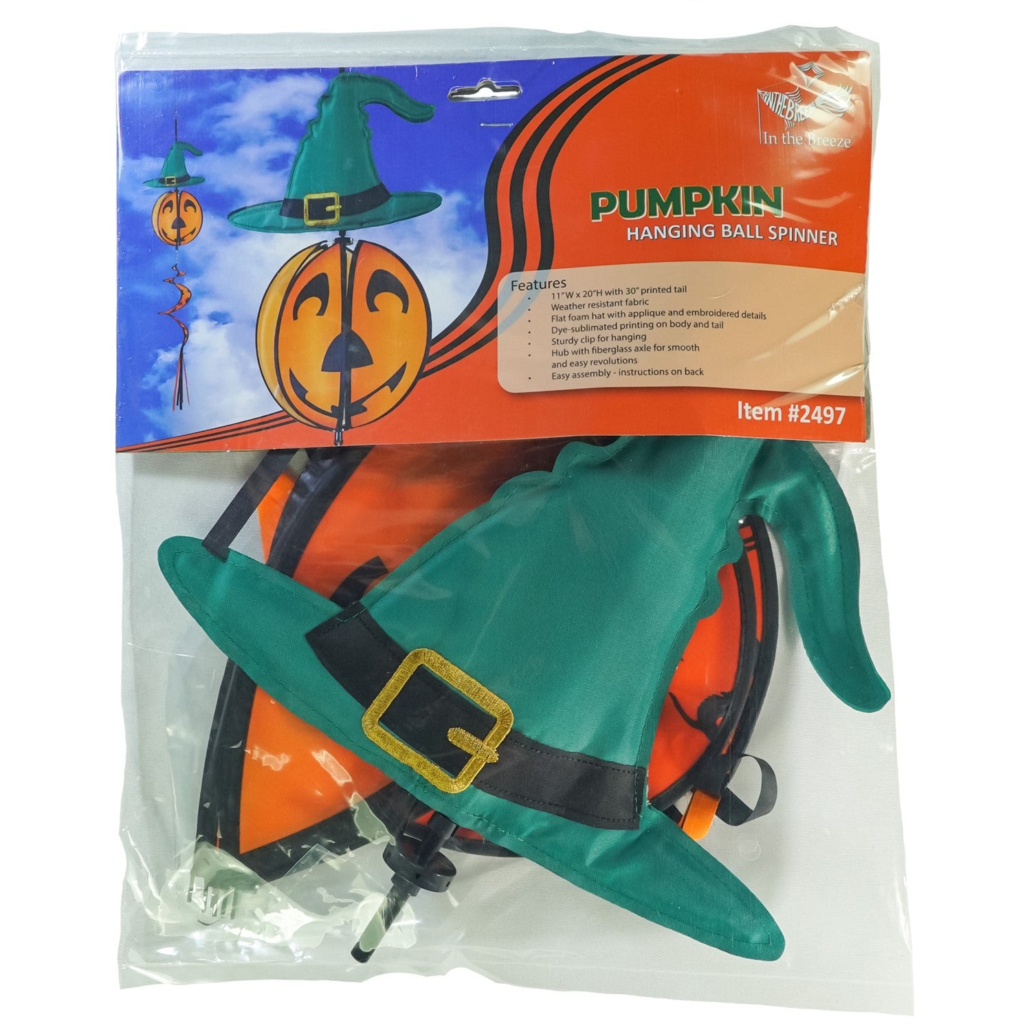 Pumpkin with Hat Hanging Ball Spinner featuring a friendly pumpkin face and colorful hat, spinning in a garden setting during autumn.