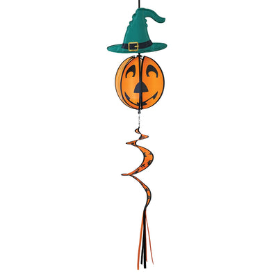 Pumpkin with Hat Hanging Ball Spinner featuring a friendly pumpkin face and colorful hat, spinning in a garden setting during autumn.