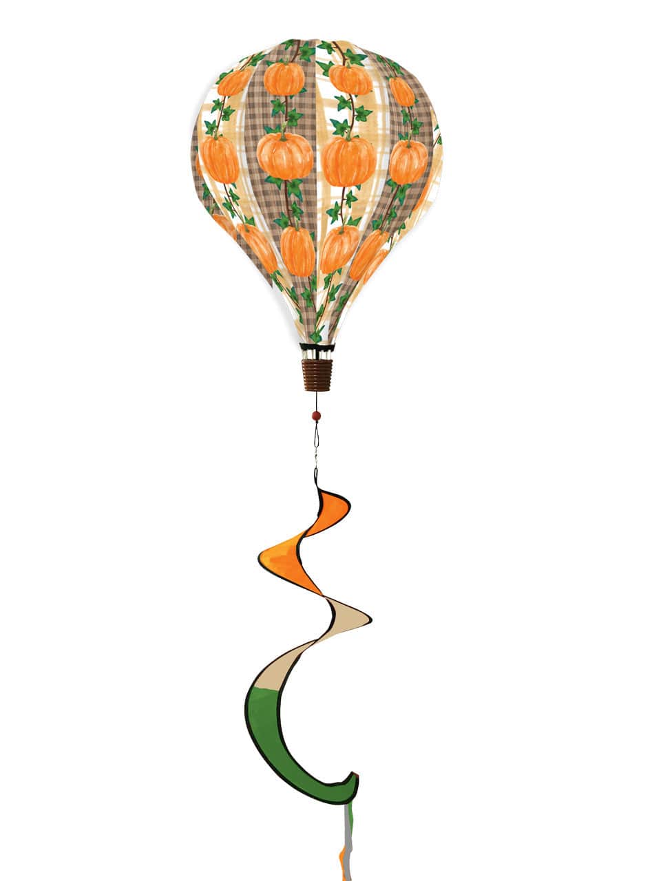 Rustic pumpkin hot air balloon spinner with burlap-look polyester and fall-inspired design, perfect for outdoor seasonal motion and autumn garden décor.