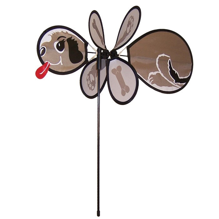 Puppy Baby Spinner featuring a cheerful puppy design, spinning on a pole in a colorful garden setting, designed for outdoor display.