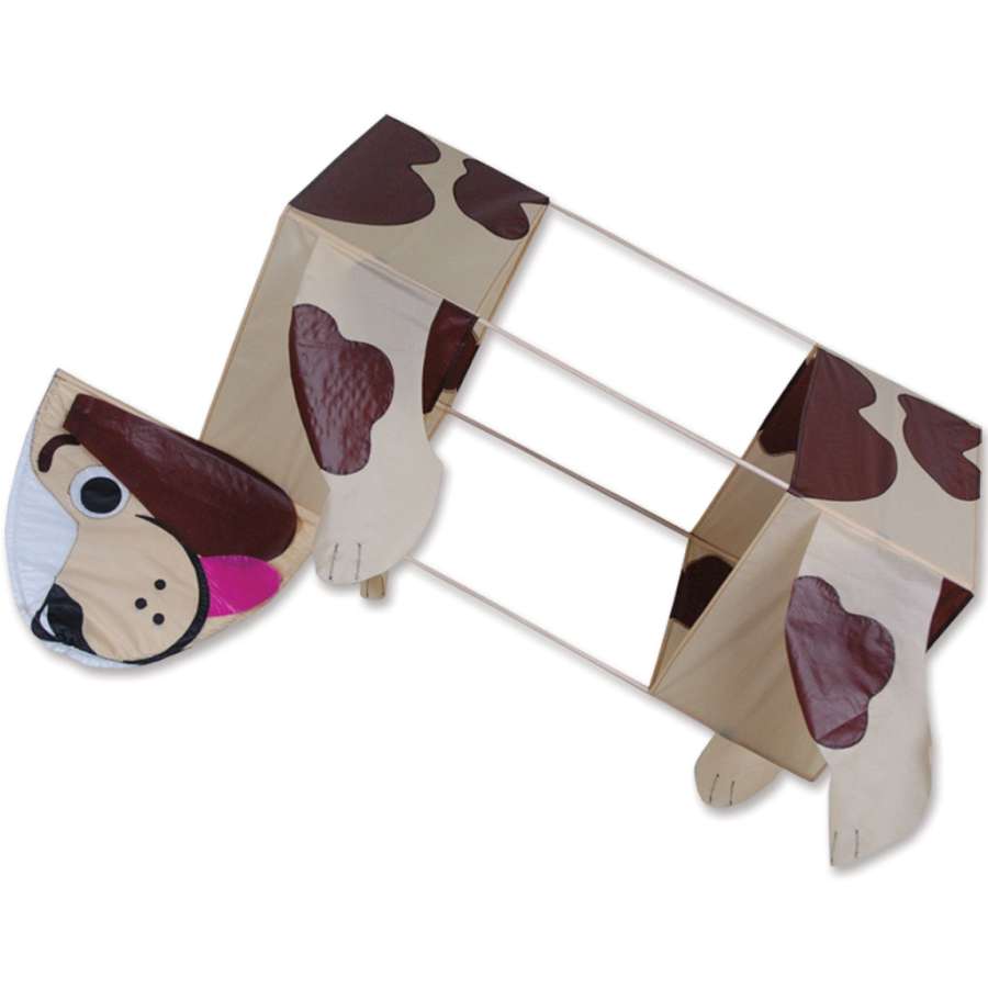 Puppy Box Kite in the sky with a colorful puppy design, measuring 20 x 25 inches, being flown against a clear blue background.