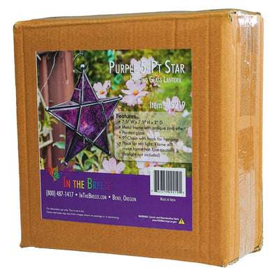 Purple 5-Point Star Hanging Tealight Lantern with intricate glass and metal design, hanging from a chain, creating a warm glow in a cozy setting.