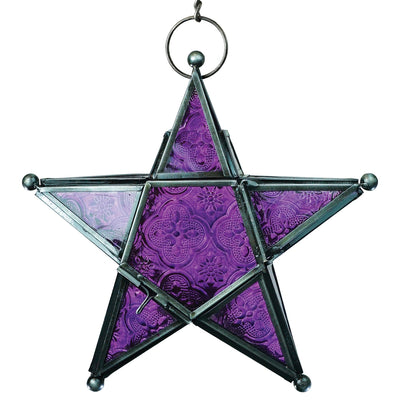 Purple 5-Point Star Hanging Tealight Lantern with intricate glass and metal design, hanging from a chain, creating a warm glow in a cozy setting.